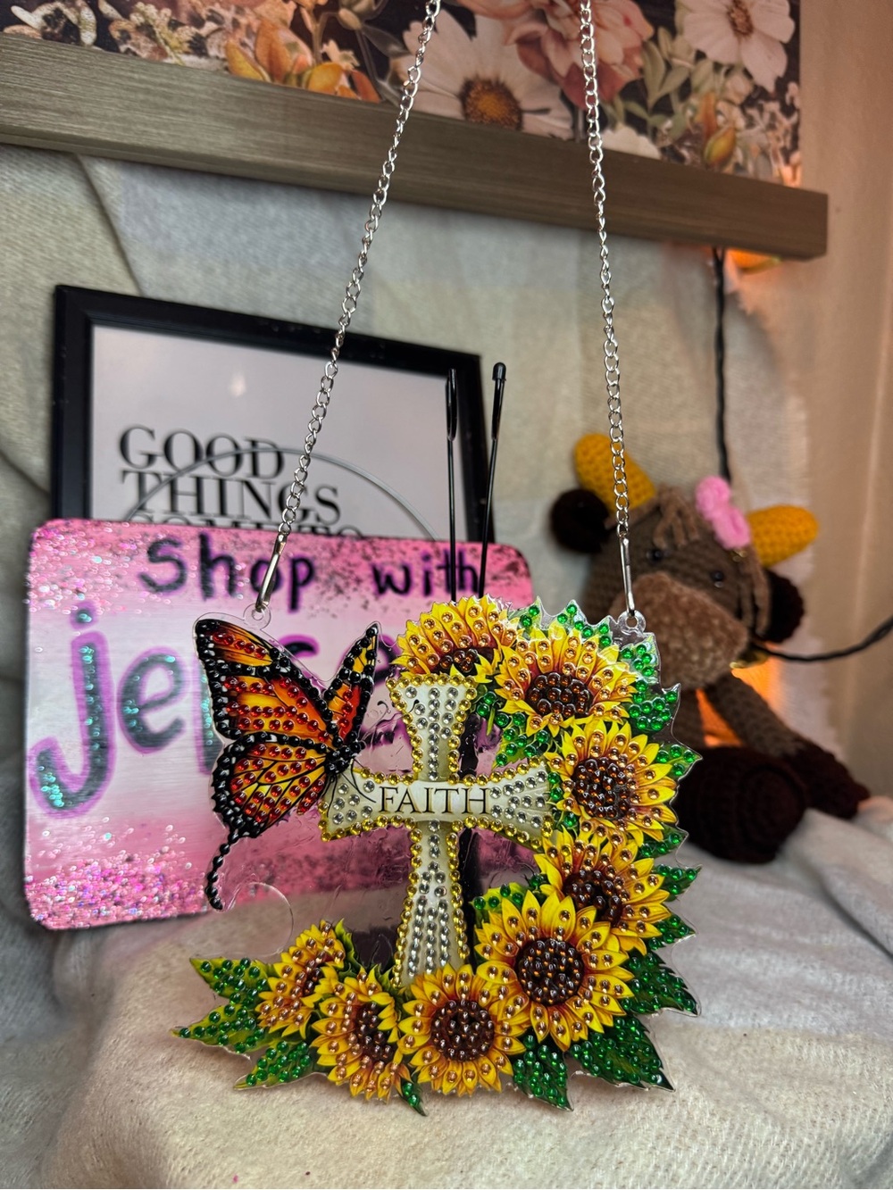 Hand Crafted Faith Cross with Sunflowers in Yellow and Green